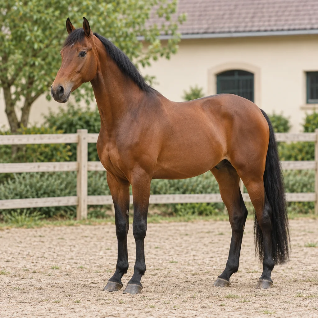 Bruin paard met zwarte manen en staart staat volledig in beeld in een omheinde paddock, met bomen en een licht stalgebouw op de achtergrond.