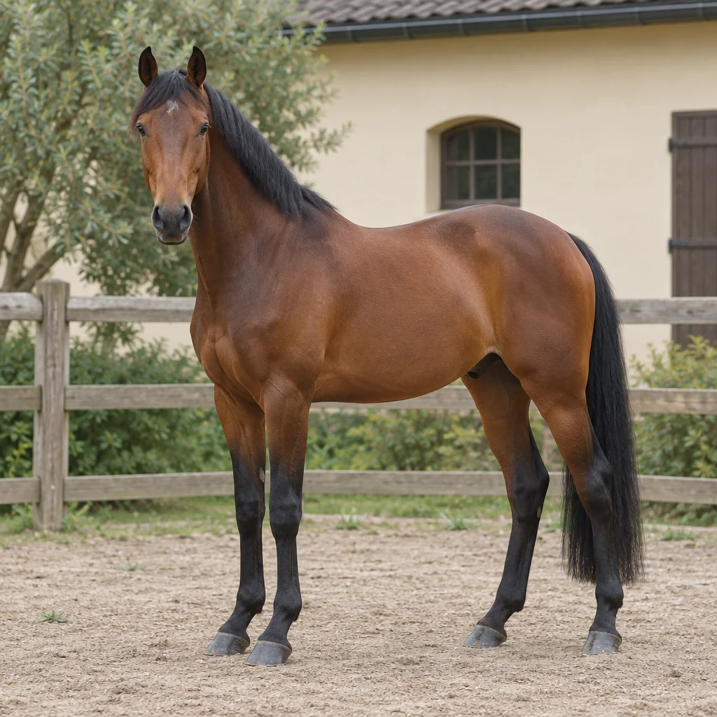 Bruin paard met zwarte manen, staart en onderbenen staat met alle vier de hoeven zichtbaar voor een houten hek en een lichte stal.