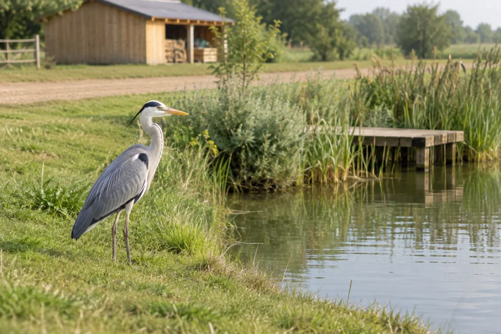 Blauwe reiger staat op de grasrand van een vijver op een erf, met riet en een houten vlonder.