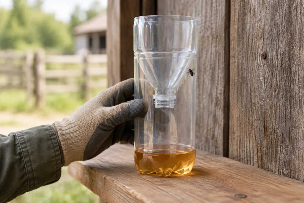 Een gehandschoende hand houdt een doorzichtige fles vast met een omgekeerde flessentop als trechter. Onderin zit een laagje vloeistof; aan de buitenkant zit een vlieg.