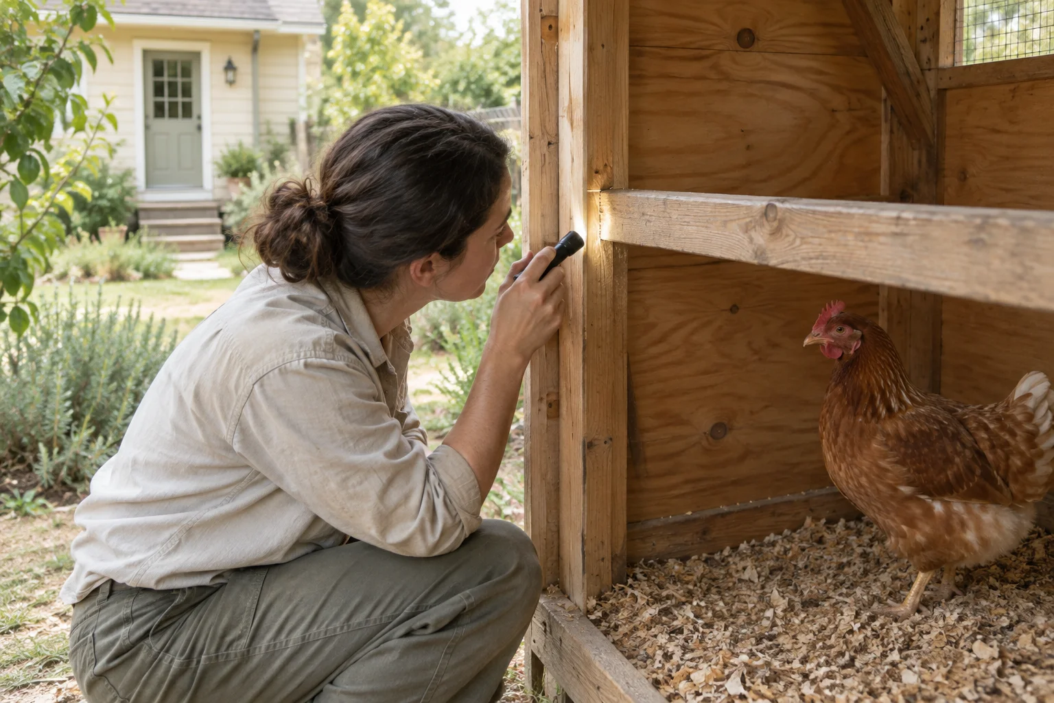 Een persoon schijnt met een zaklamp langs een houten verbinding in een kippenhok. Een hen staat in het hok; op de achtergrond is een huis te zien.