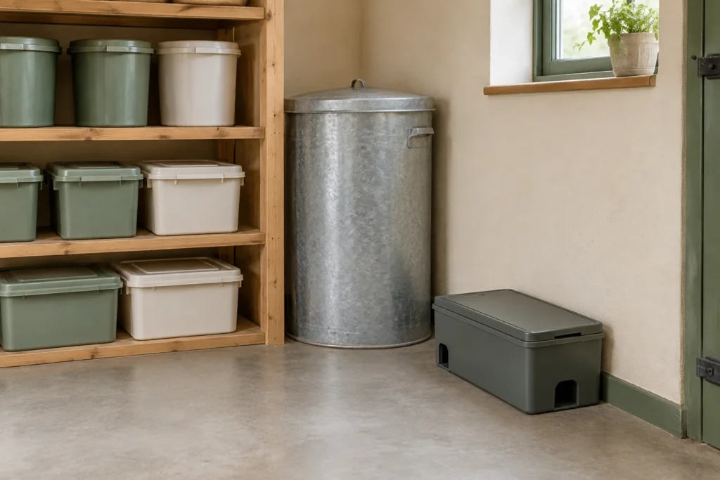 Illustratie van een afgesloten kunststof kastje met ingangen voor knaagdieren tegen de muur van een opslagruimte, naast voorraadbakken met deksels en een metalen voorraadvat.