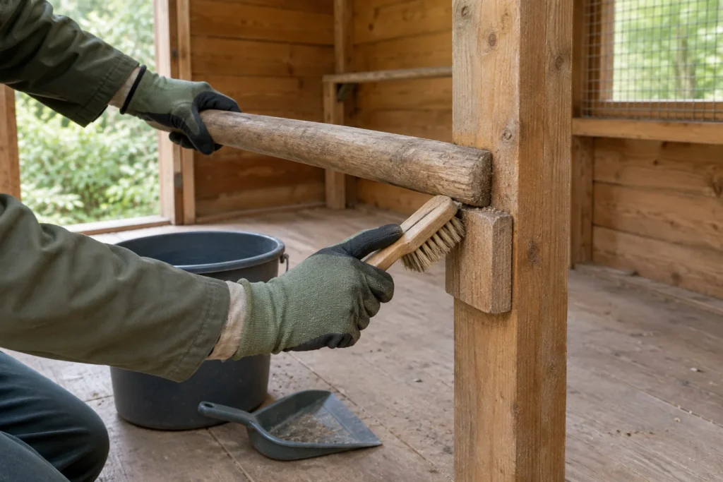 Een persoon met handschoenen borstelt de aansluiting van een houten zitstok in een leeg kippenhok. Op de vloer staan een emmer en een blik.