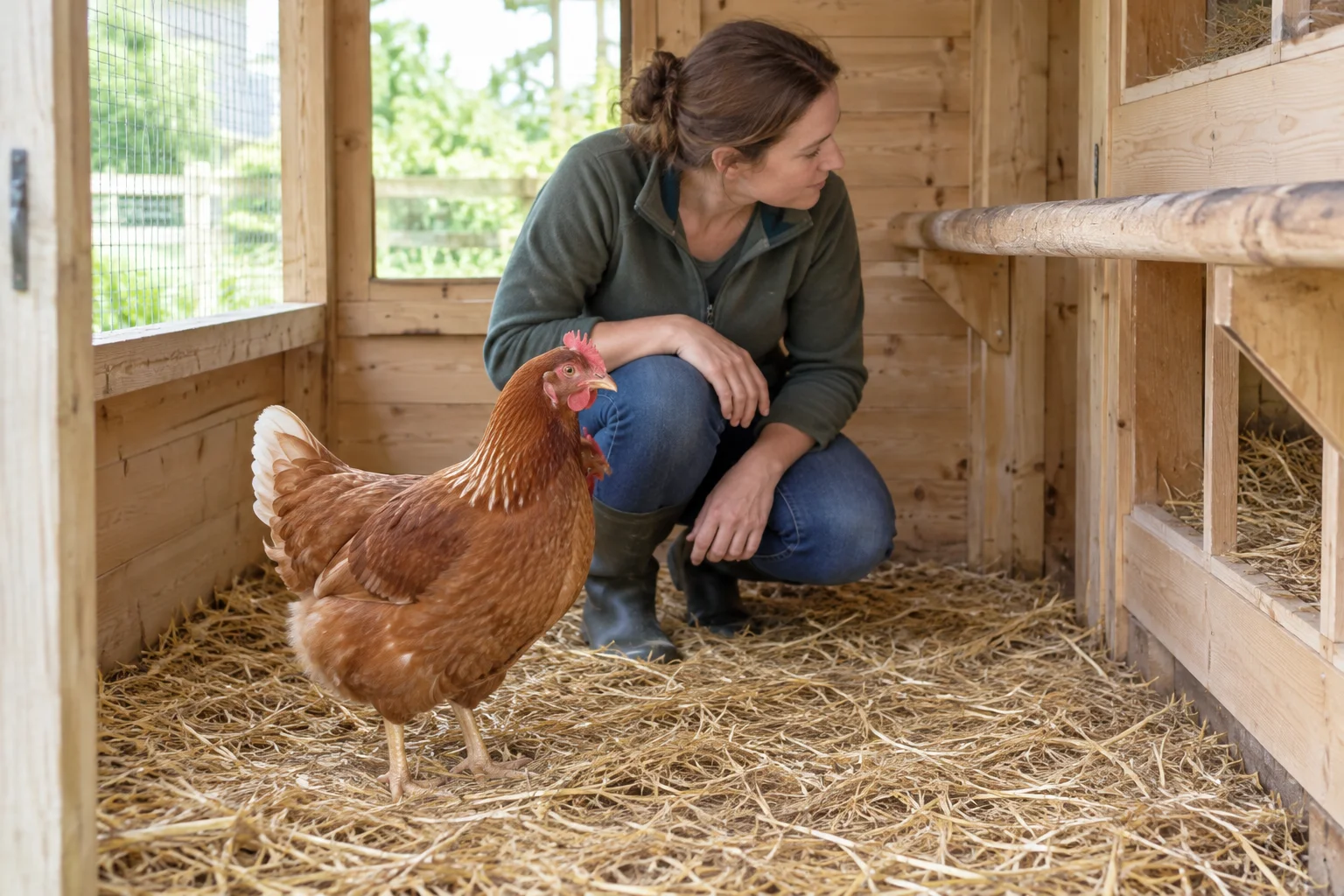 Een bruine hen staat op stro in een houten kippenhok, terwijl een vrouw naar de zitstok en de binnenkant van het hok kijkt.
