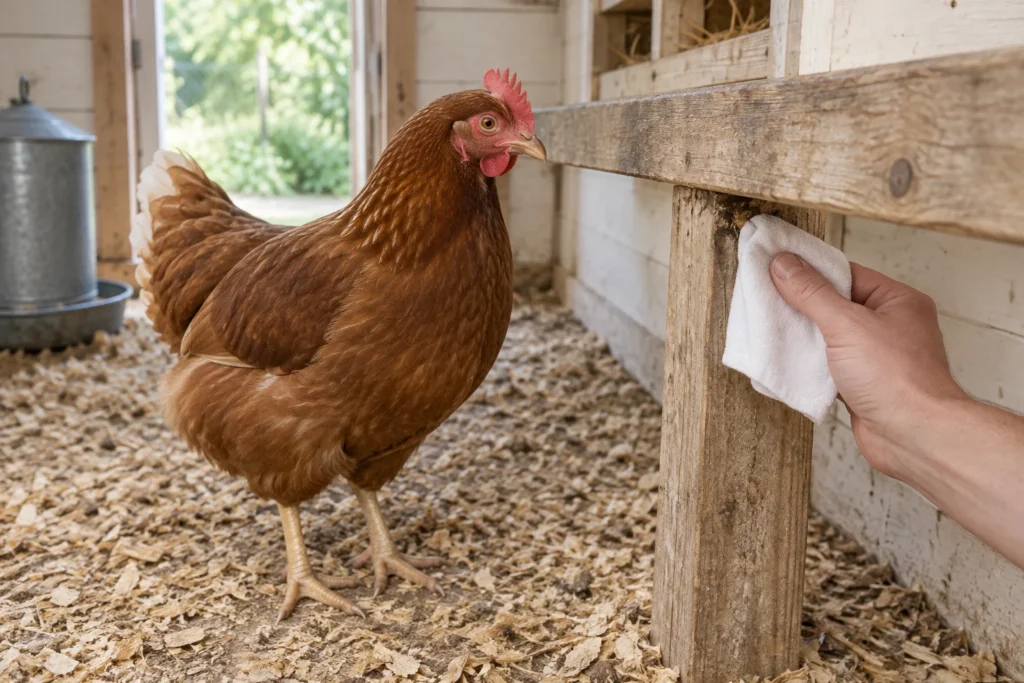 Bruine hen in een houten kippenhok, naast een hand die met een witte doek een verbinding van de zitstok controleert.