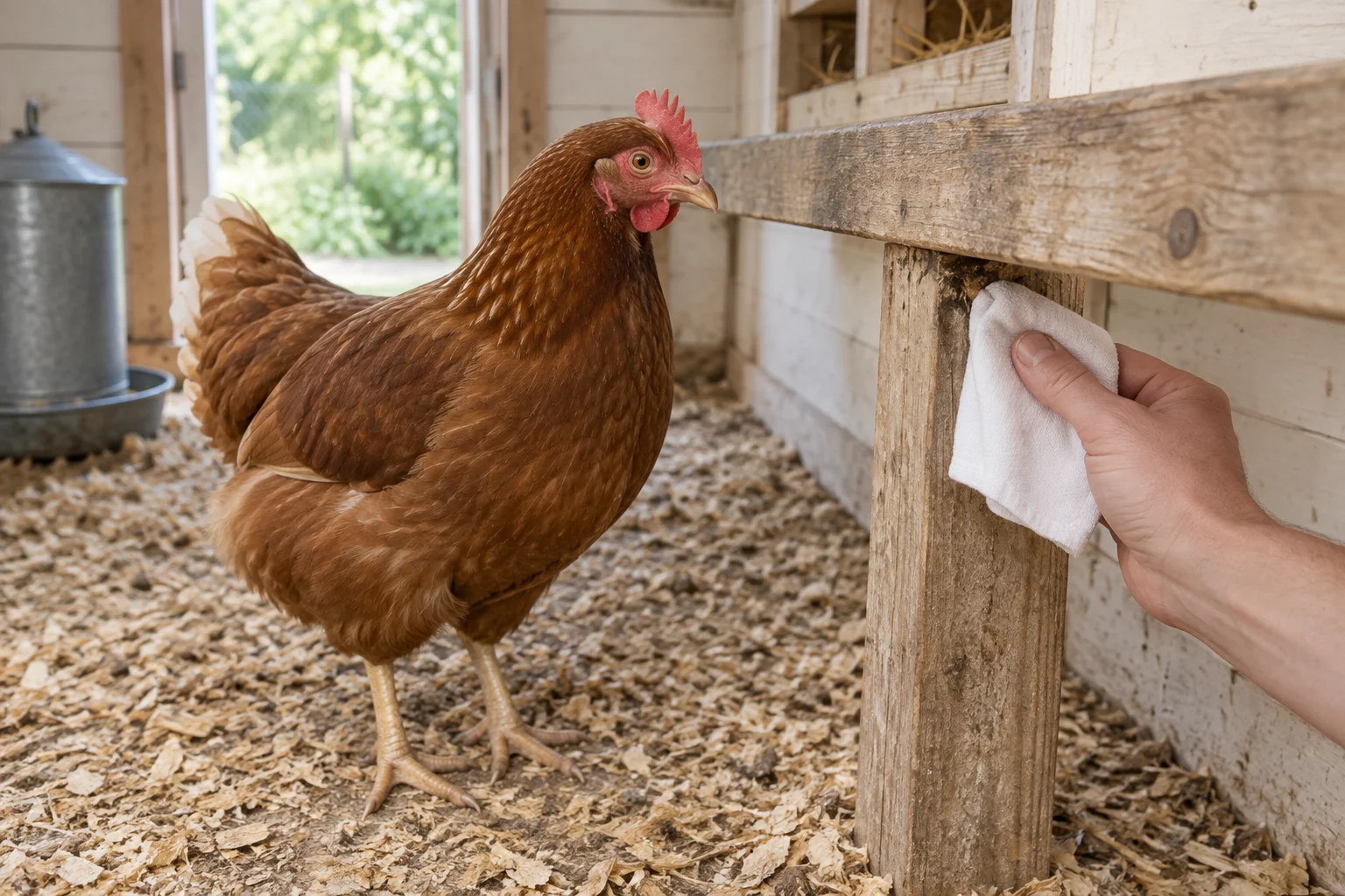 Bruine hen in een houten kippenhok, naast een hand die met een witte doek een verbinding van de zitstok controleert.