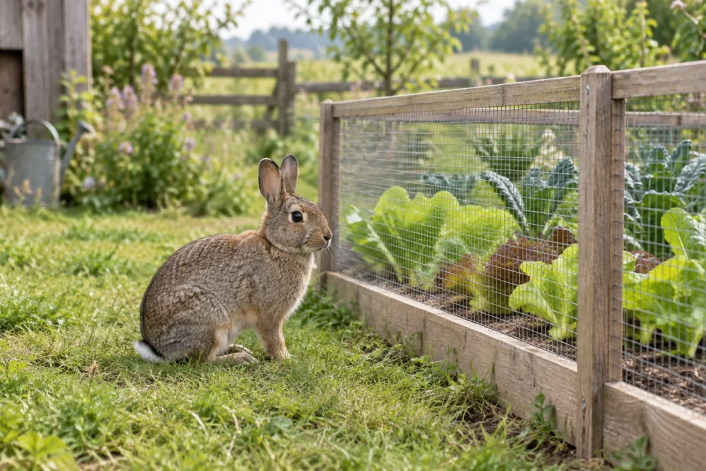 Illustratie van een wild konijn naast een moestuinbed met gaas.