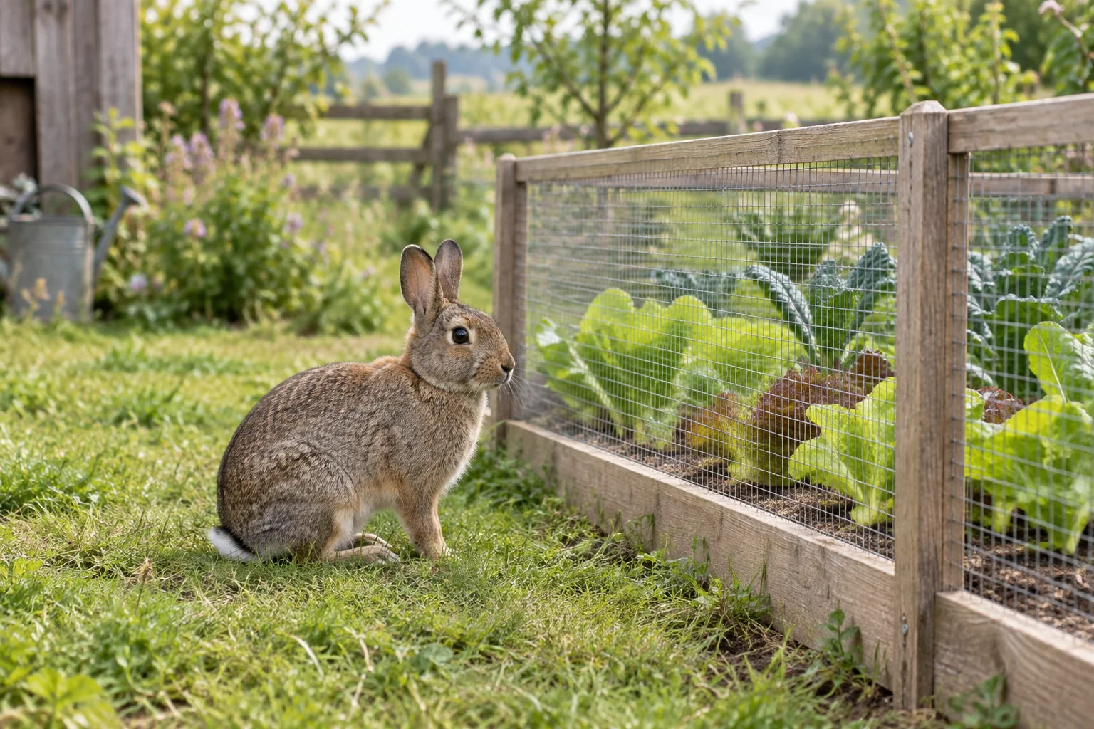 Illustratie van een wild konijn naast een moestuinbed met gaas.