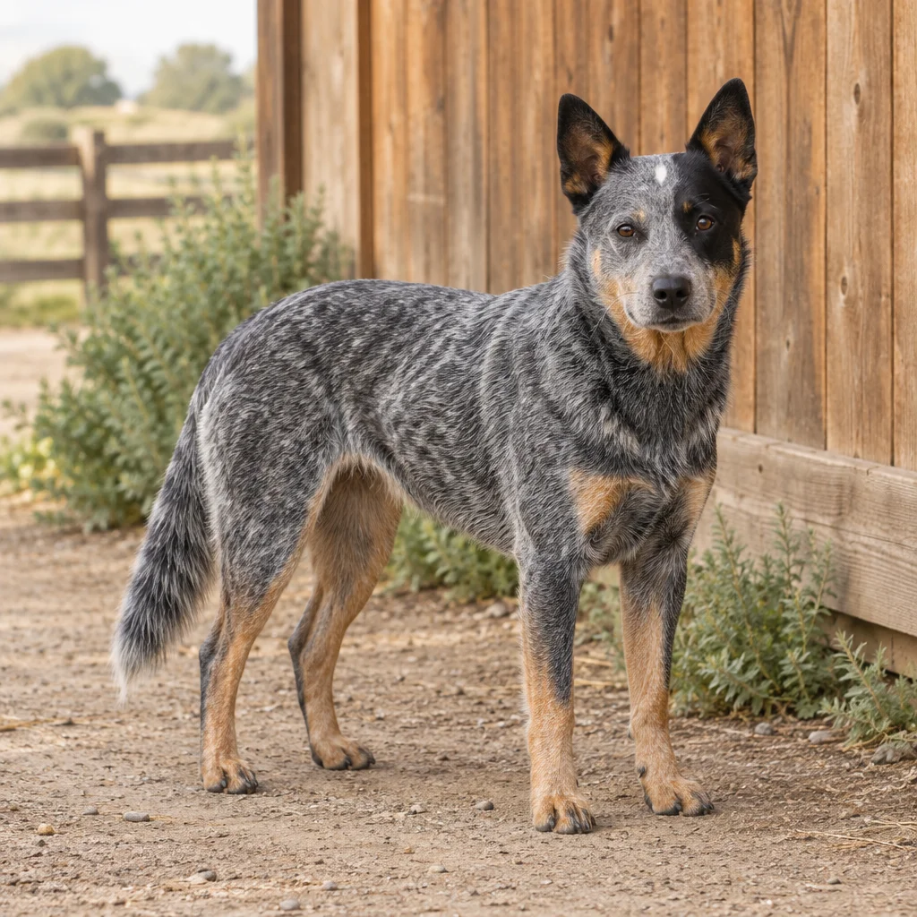 Blauw gespikkelde hond met rechtopstaande oren en een lange staart staat op een erf naast een houten schuur.