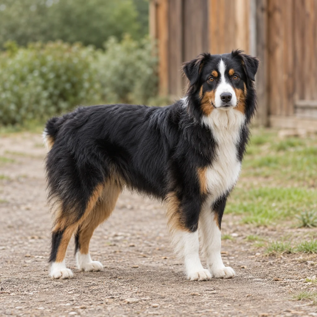 Een zwart wit bruine hond staat met alle vier de poten zichtbaar op een grindpad bij een houten gebouw.