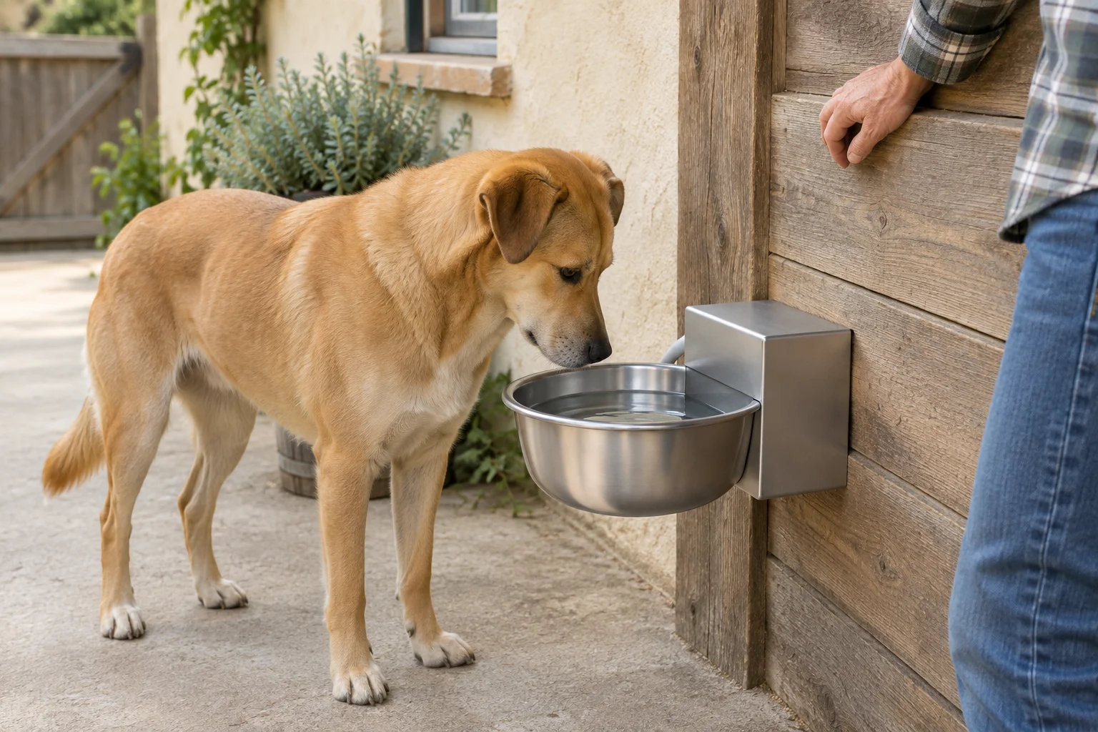 Een lichtbruine hond staat bij een met water gevulde metalen drinkbak aan een houten wand. Naast de bak is een deel van een persoon zichtbaar.