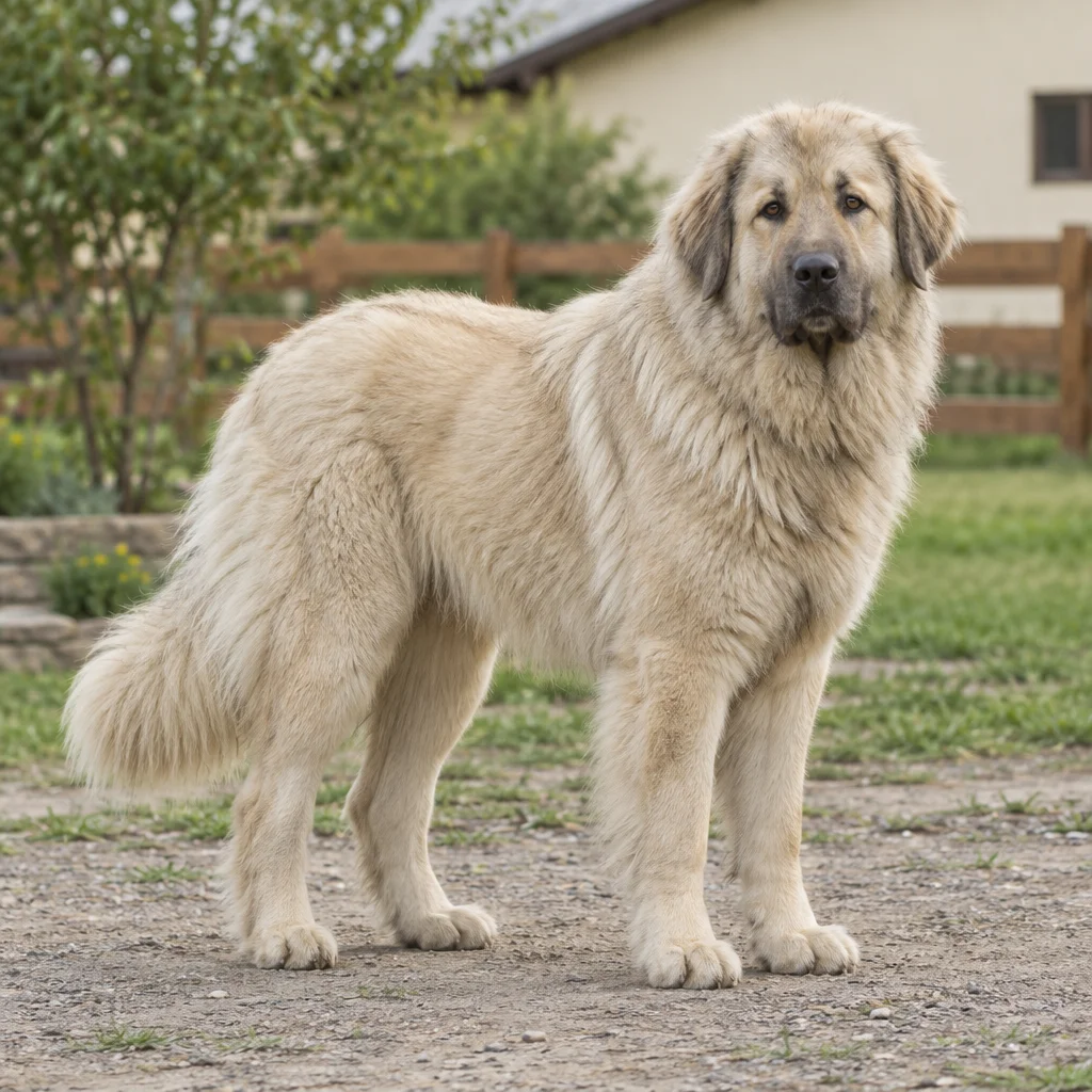 Grote lichtgekleurde hond met een volle vacht en hangende oren staat op een erf voor een houten hek.