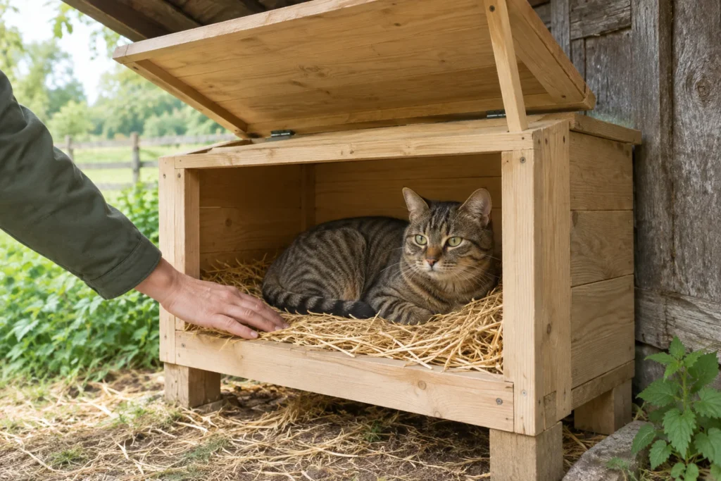 Een gestreepte kat ligt op stro in een verhoogd houten huisje. Het deksel staat open en een hand raakt het stro aan.