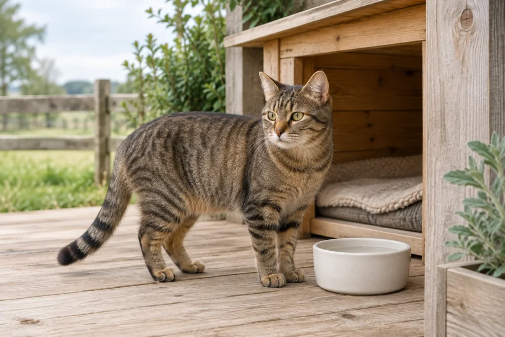 Een bruin gestreepte kat staat op een houten veranda naast een waterbak en een beschutte plek met een deken.
