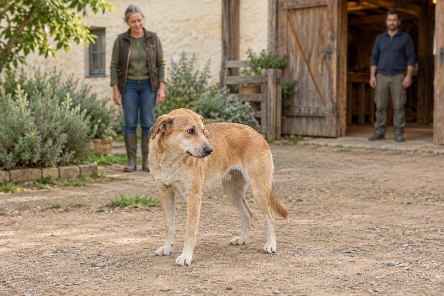 Een lichtbruine hond staat op een erf met zijn kop opzij gedraaid. Twee mensen staan op afstand bij een schuur.