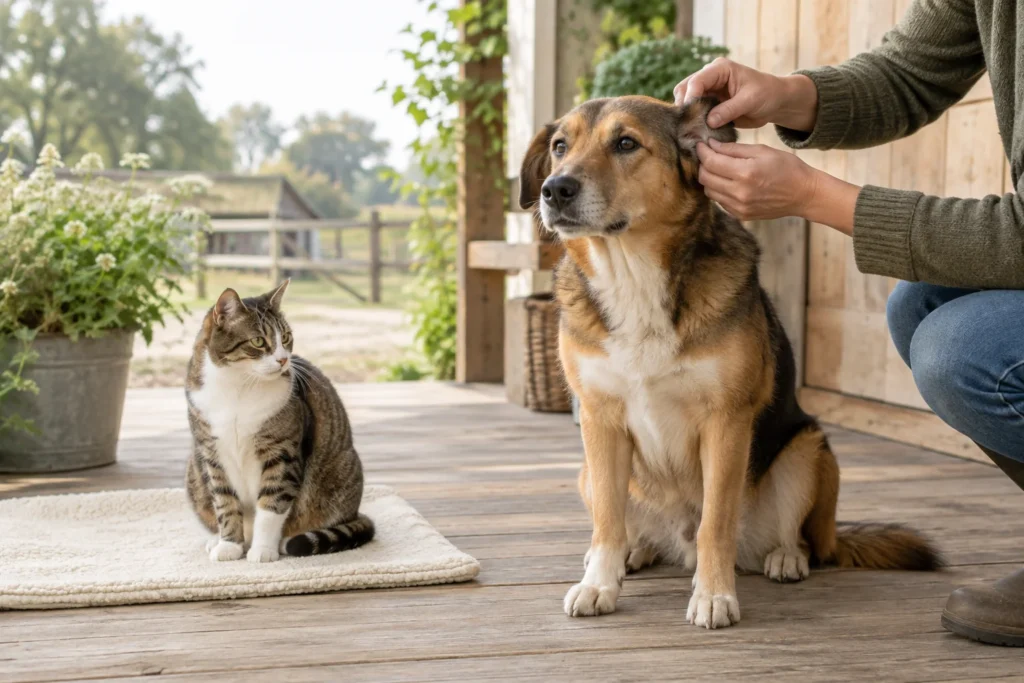 Een persoon kijkt achter het oor van een zittende hond, terwijl een kat op een lichte mat ernaast zit op een houten veranda.