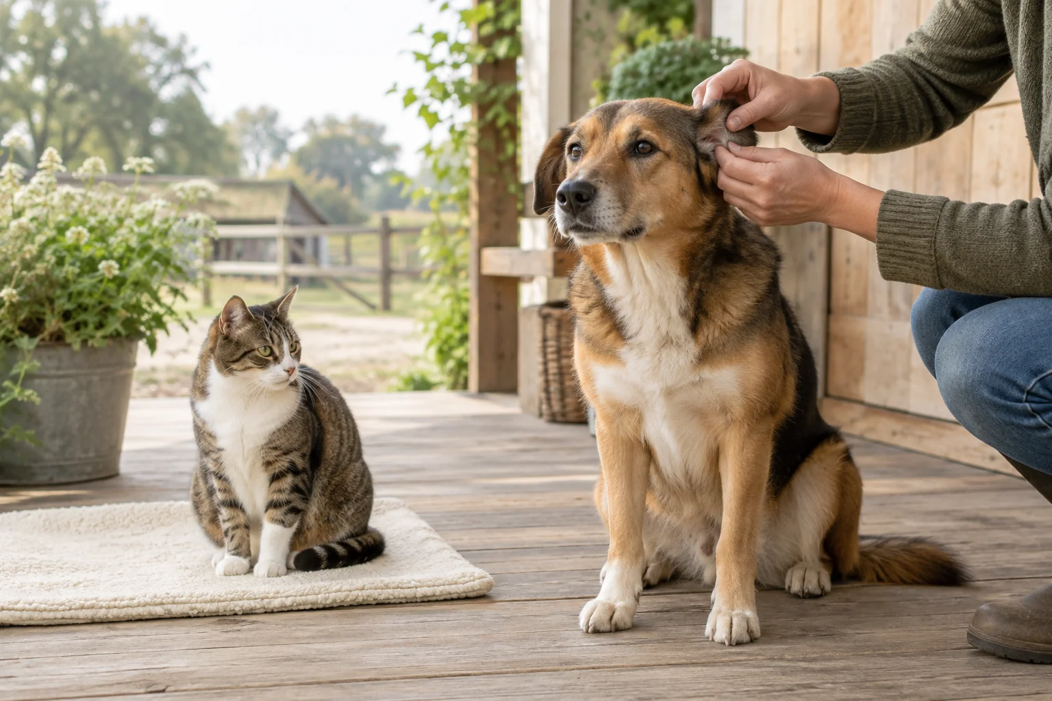 Een persoon kijkt achter het oor van een zittende hond, terwijl een kat op een lichte mat ernaast zit op een houten veranda.