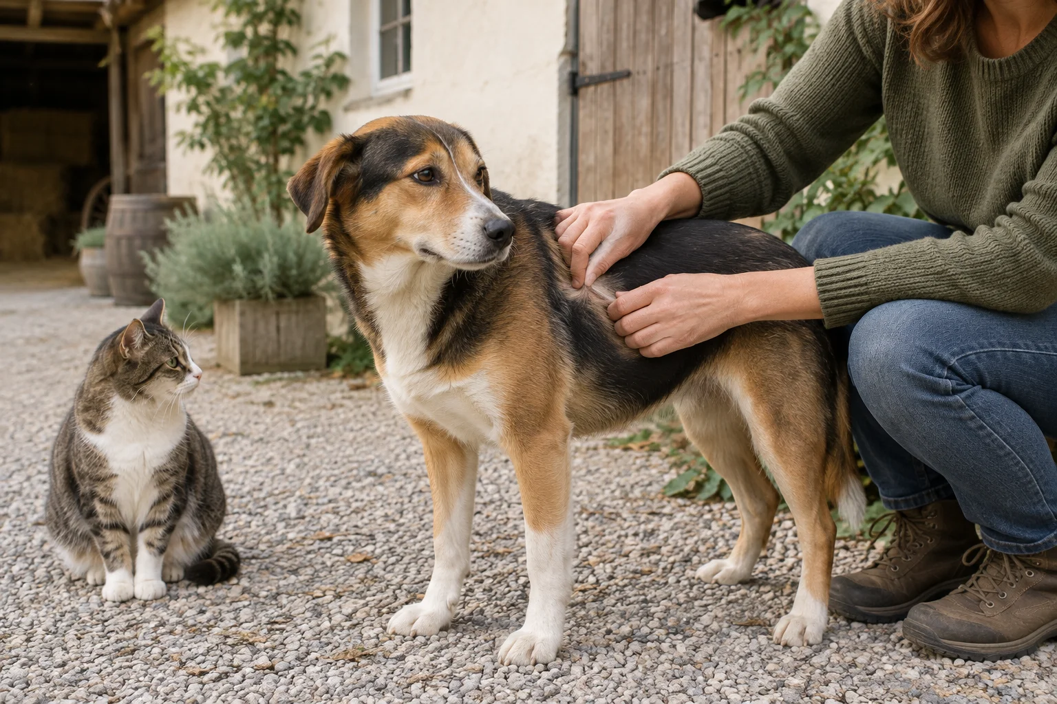 Een persoon controleert de vacht van een hond op het erf, terwijl een kat ernaast zit.