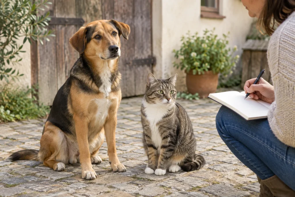 Een hond en een kat zitten op een erf naast een persoon met een notitieboek.
