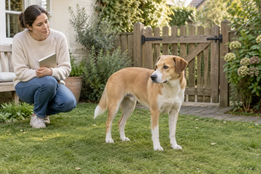 Een bruine en witte hond staat in een tuin bij een gesloten houten poort. Een vrouw kijkt naar de hond en houdt een gesloten notitieboek vast.
