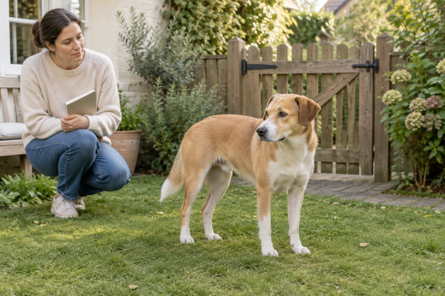 Een bruine en witte hond staat in een tuin bij een gesloten houten poort. Een vrouw kijkt naar de hond en houdt een gesloten notitieboek vast.