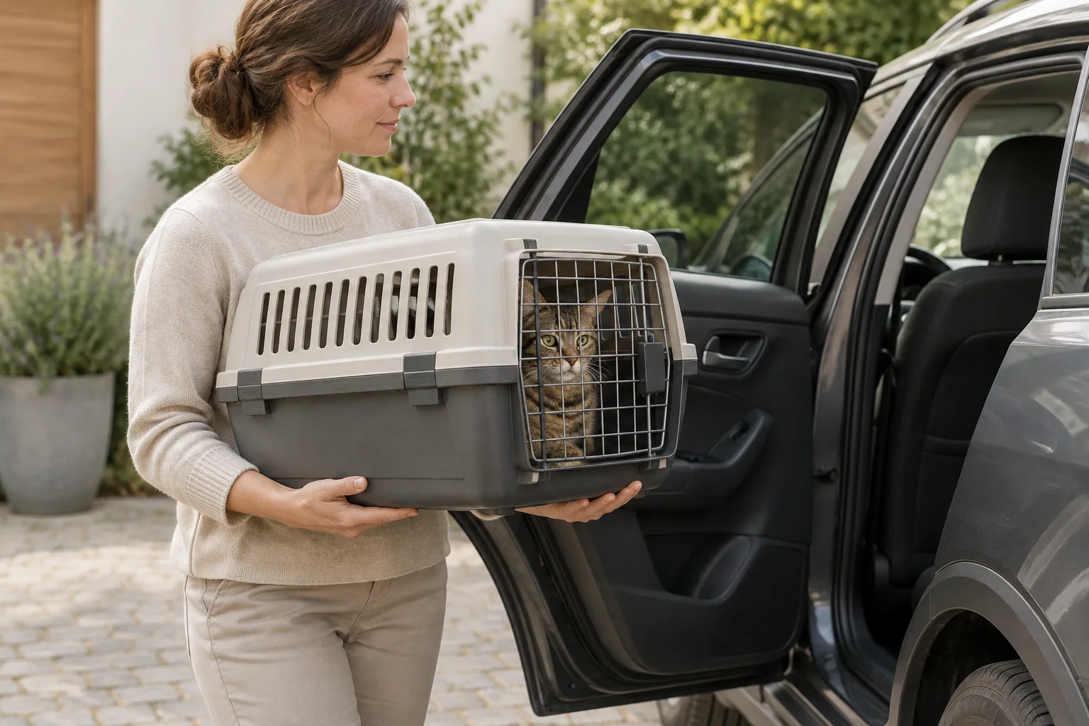 Vrouw draagt met beide handen een gesloten transportbox met een kat erin naar een auto met open achterdeur.