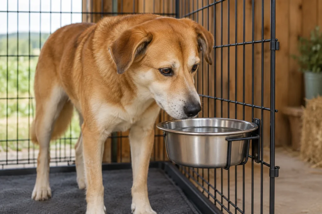 Bruine hond in een metalen bench bij een waterbak die in een houder aan het traliewerk hangt.