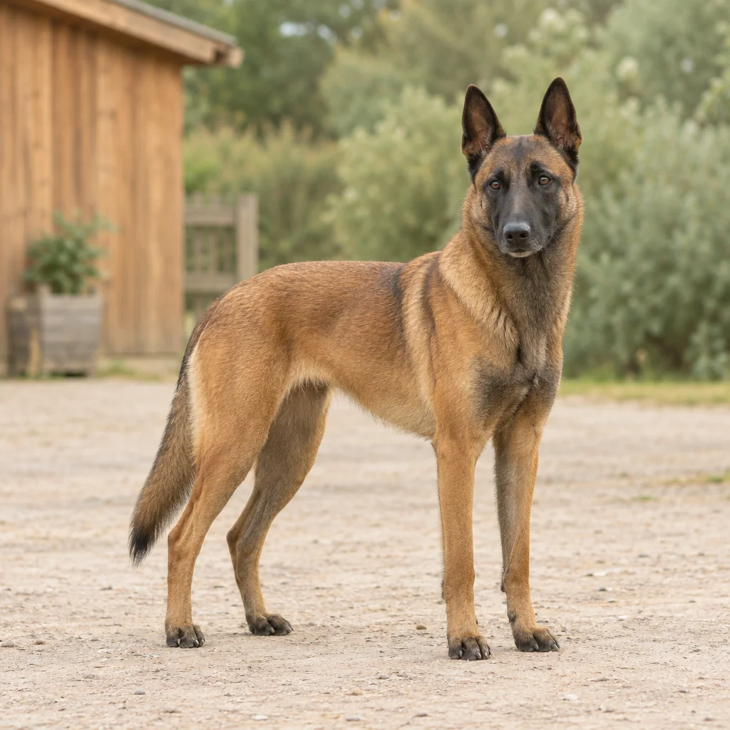 Een kortharige, reekleurige hond met een donker masker en rechtopstaande oren staat met vier zichtbare poten op een erf.