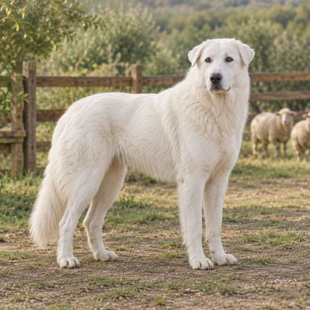 Illustratie van een witte Maremma Abruzzese herdershond bij een omheining, met schapen op de achtergrond.
