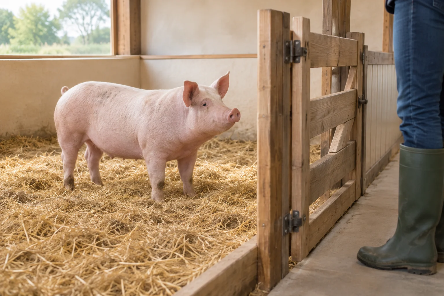 Roze varken op stro achter een gesloten houten hek, met een persoon in laarzen aan de andere kant.