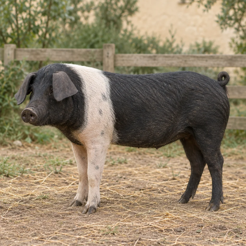 Zwart varken met een lichte band over de schouders en voorpoten, staand op een erf voor een houten hek.