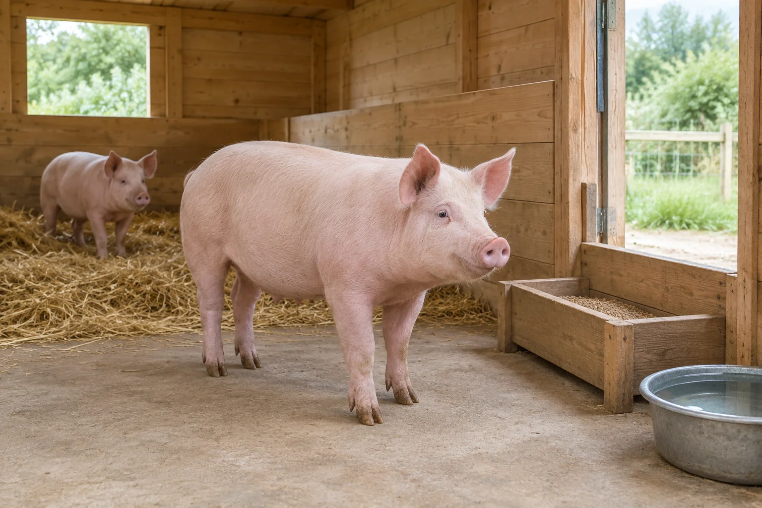 Twee roze varkens in een houten stal met stro, een voerbak en een waterbak.