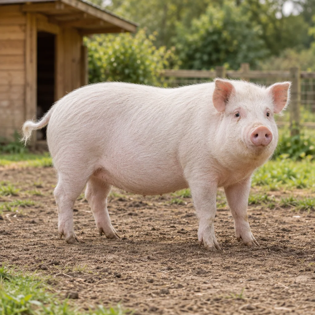 Illustratie van een lichtroze, compact minivarken in een buitenruimte bij een houten schuilhok.