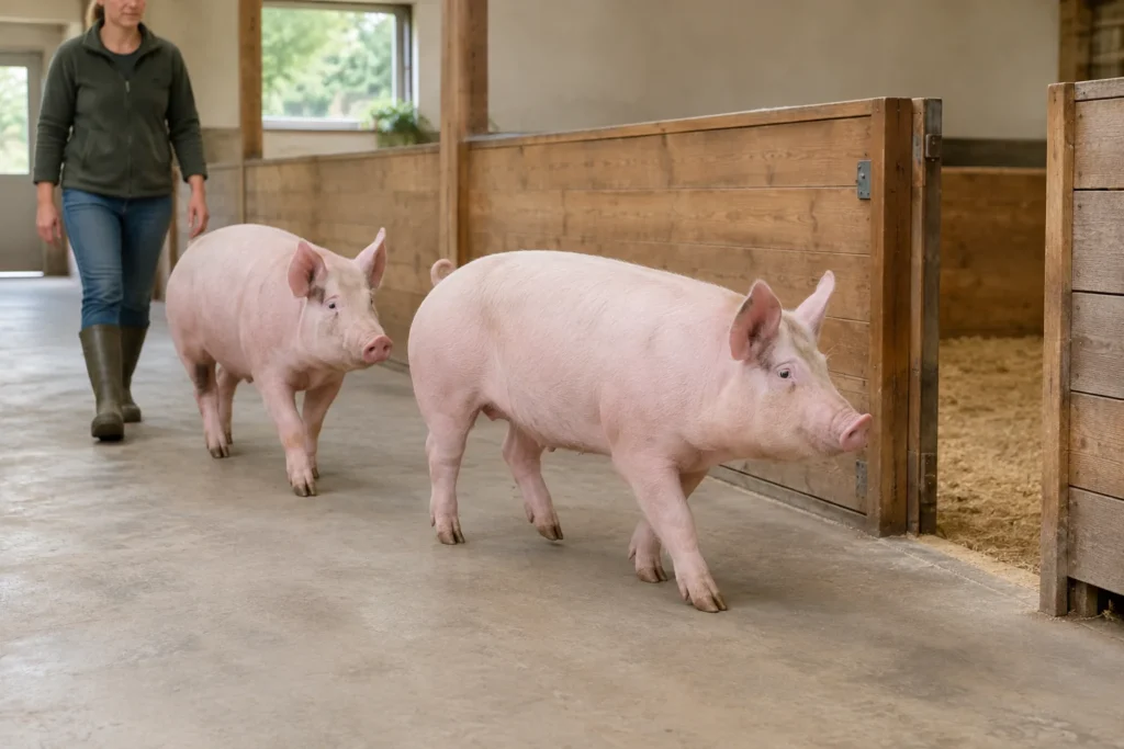 Twee roze varkens lopen door een stalgang langs een open houten hok, met een houder achter hen.