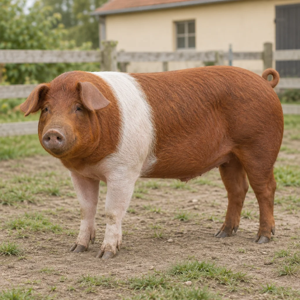 Een rood varken met een brede witte band over de schouders staat in een omheinde uitloop, met alle vier de poten zichtbaar.