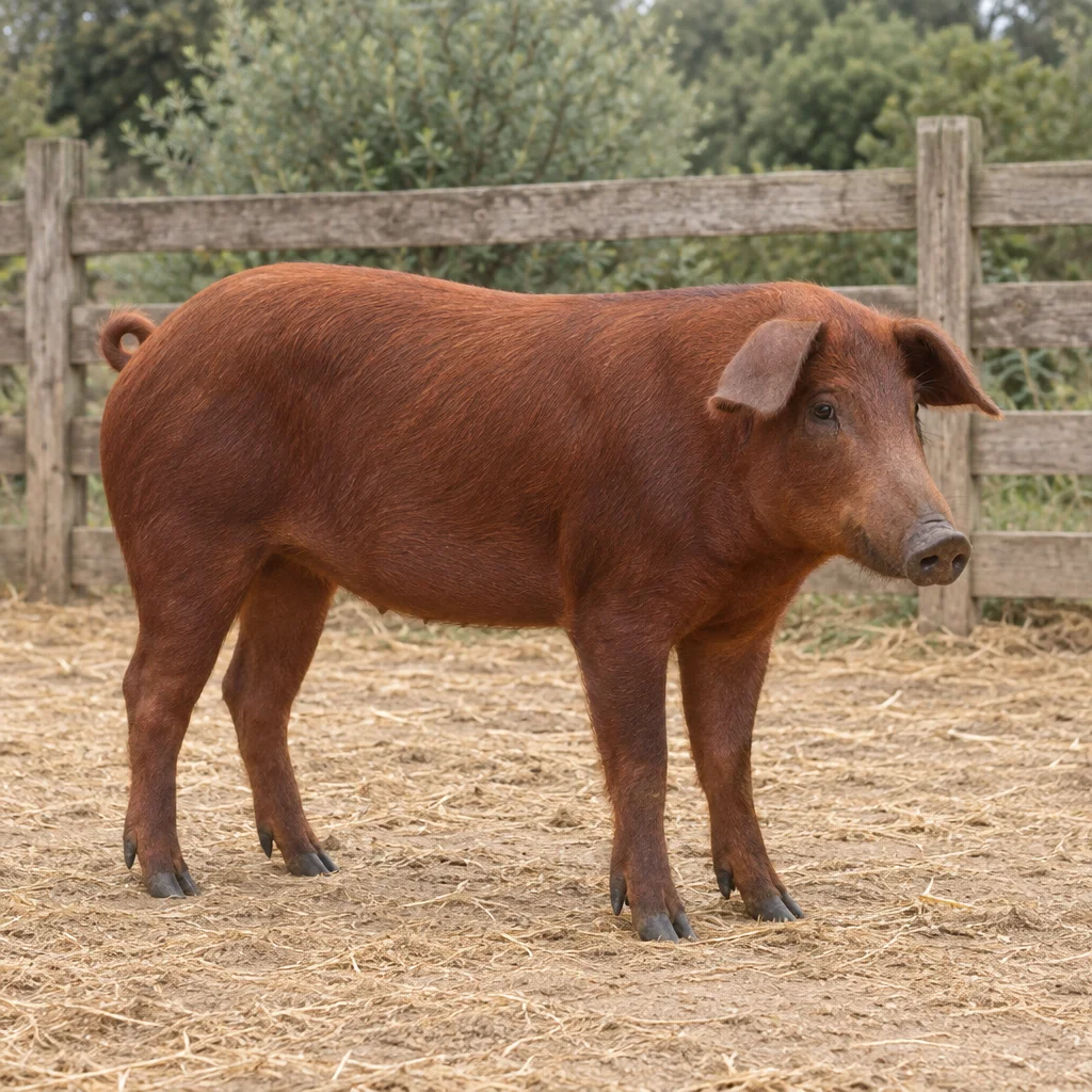 Illustratie van een roodbruin varken met kenmerken van het Iberische ras in een omheinde buitenruimte.