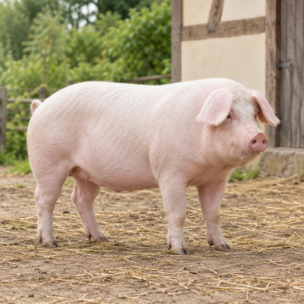 Groot, lichtroze varken met witte borstelharen en hangende oren staat met alle vier de poten zichtbaar op een erf met stro.