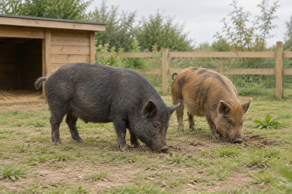 Twee varkens wroeten in een omheinde buitenuitloop naast een houten schuilhok.