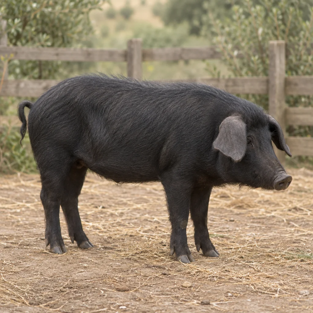 Een zwart varken met hangende oren staat volledig in beeld op een erf met stro, voor een houten hek.