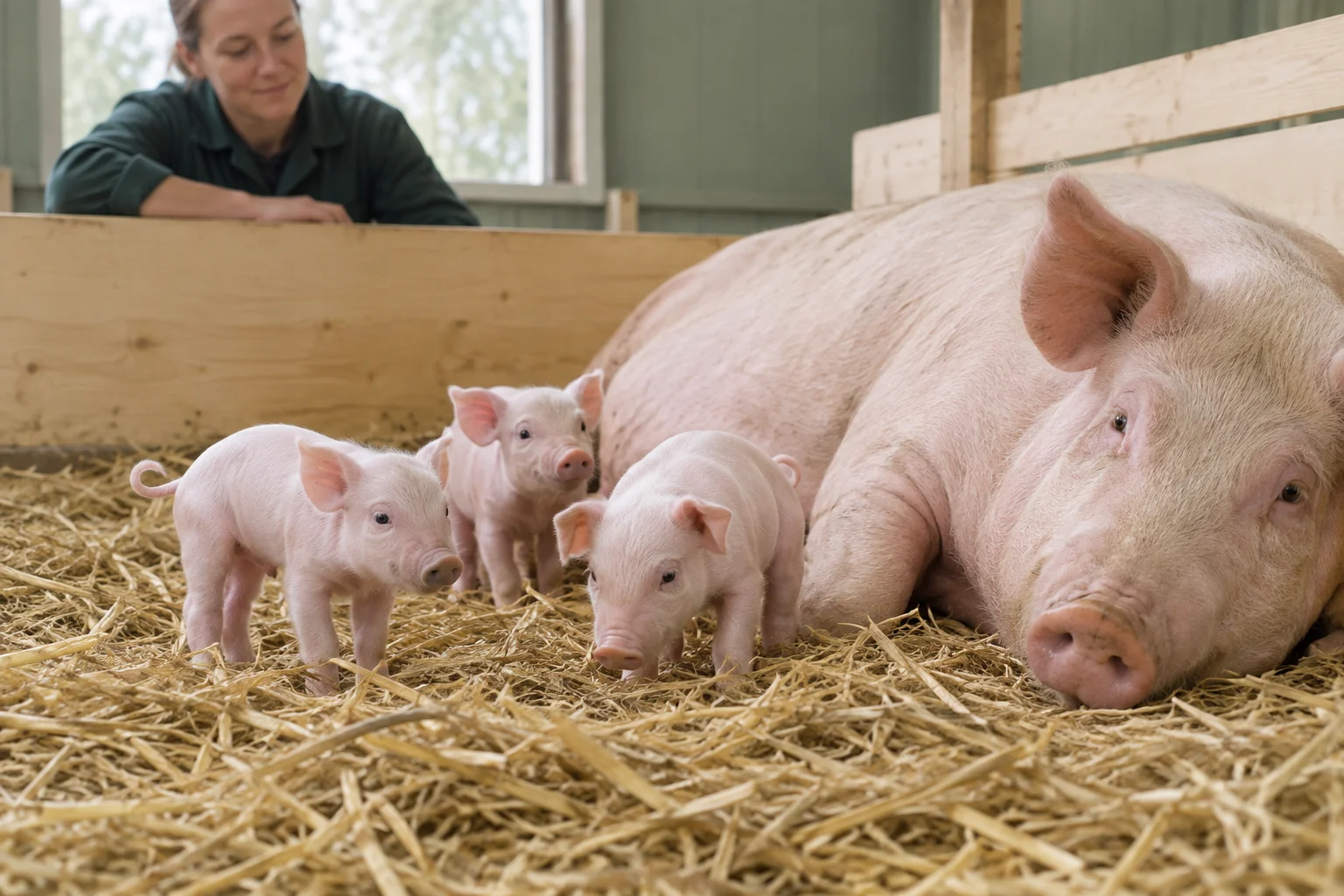 Drie kleine roze biggen staan op stro naast een liggende zeug, terwijl een verzorger over de afscheiding kijkt.