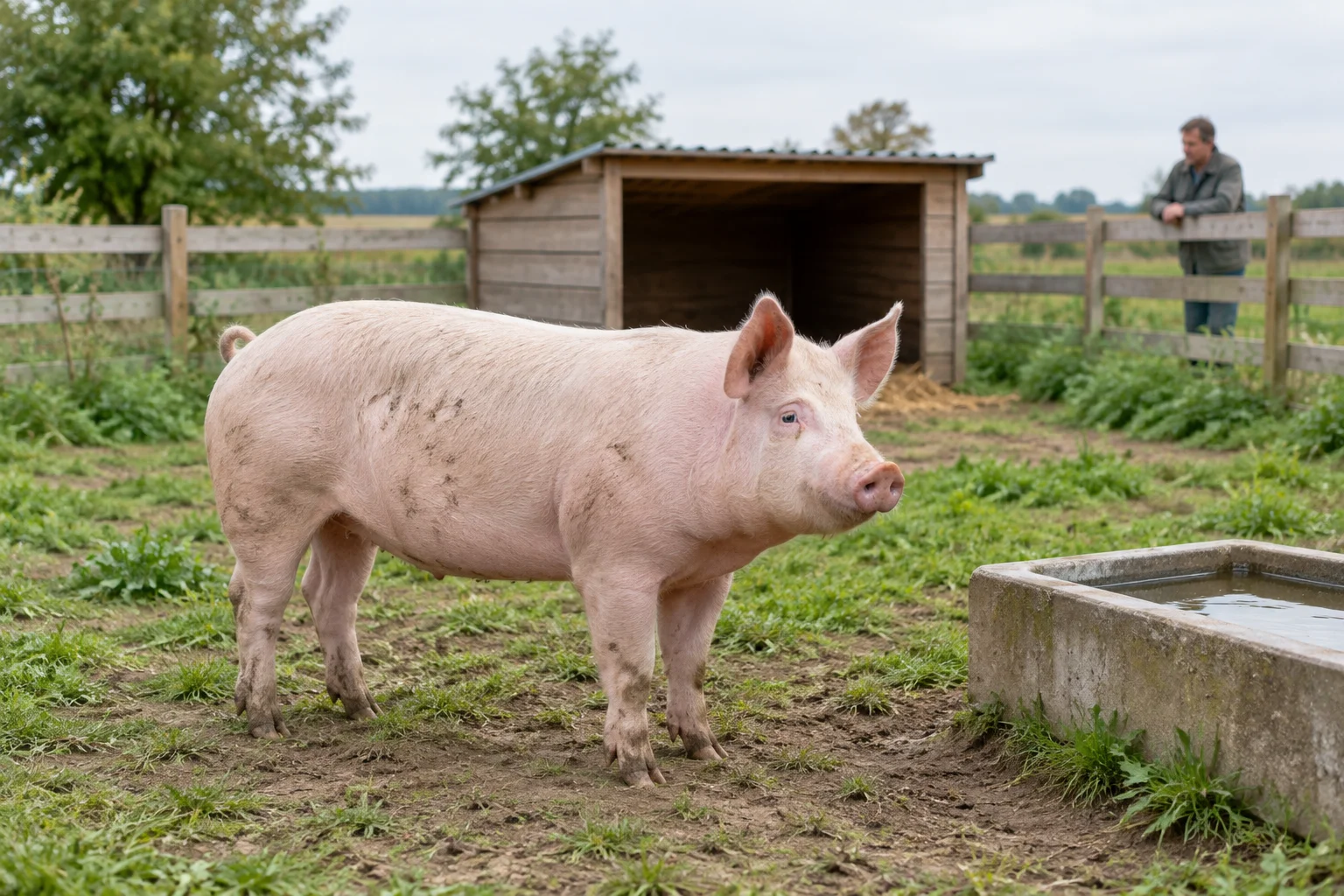 Een lichtroze varken in een groene buitenuitloop bij een waterbak en een houten schuilhok, met een hek en een persoon op de achtergrond.