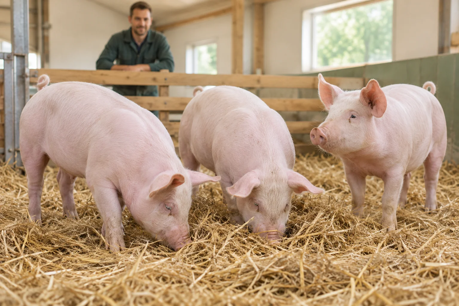 Drie lichtroze varkens staan in een hok met stro. Twee wroeten in het stro, terwijl een houder achter de afscheiding toekijkt.