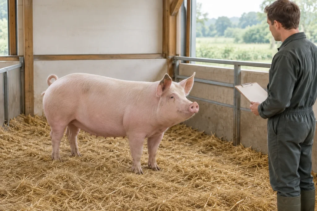 Roze volwassen varken in een stal met stro, terwijl een houder naast het hok naar het dier kijkt met een leeg klembord in de hand.
