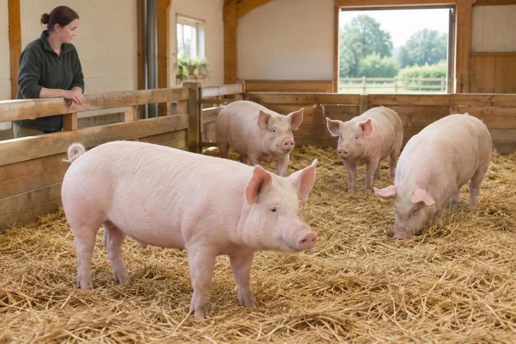 Een vrouw kijkt over een houten hek naar vier lichte varkens in een stal met stro.
