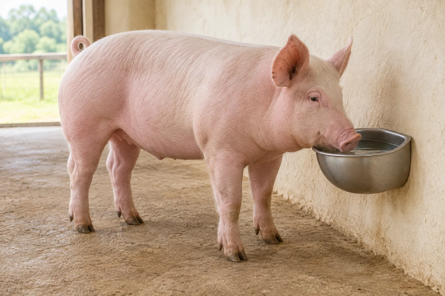Roze varken bij een drinkbak met water aan de muur.