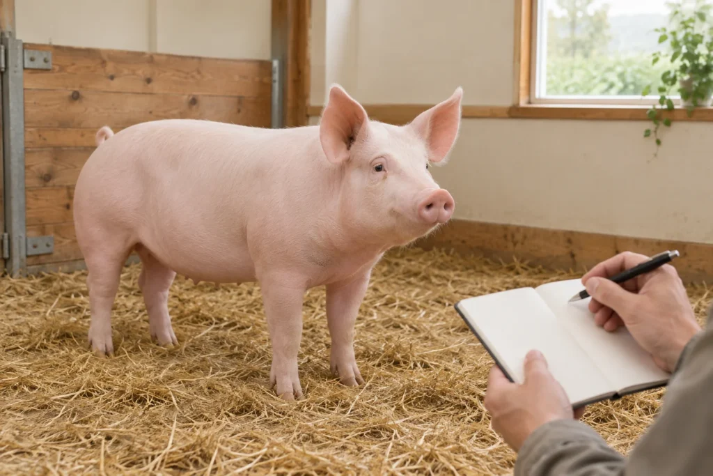 Een roze varken staat op stro in een stal terwijl iemand een pen boven een leeg notitieboek houdt.