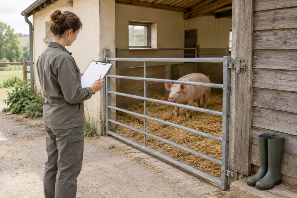 Een vrouw met een leeg klembord staat buiten een gesloten hek. Daarachter staat een varken in een stal met stro; naast het hek staan rubberlaarzen.