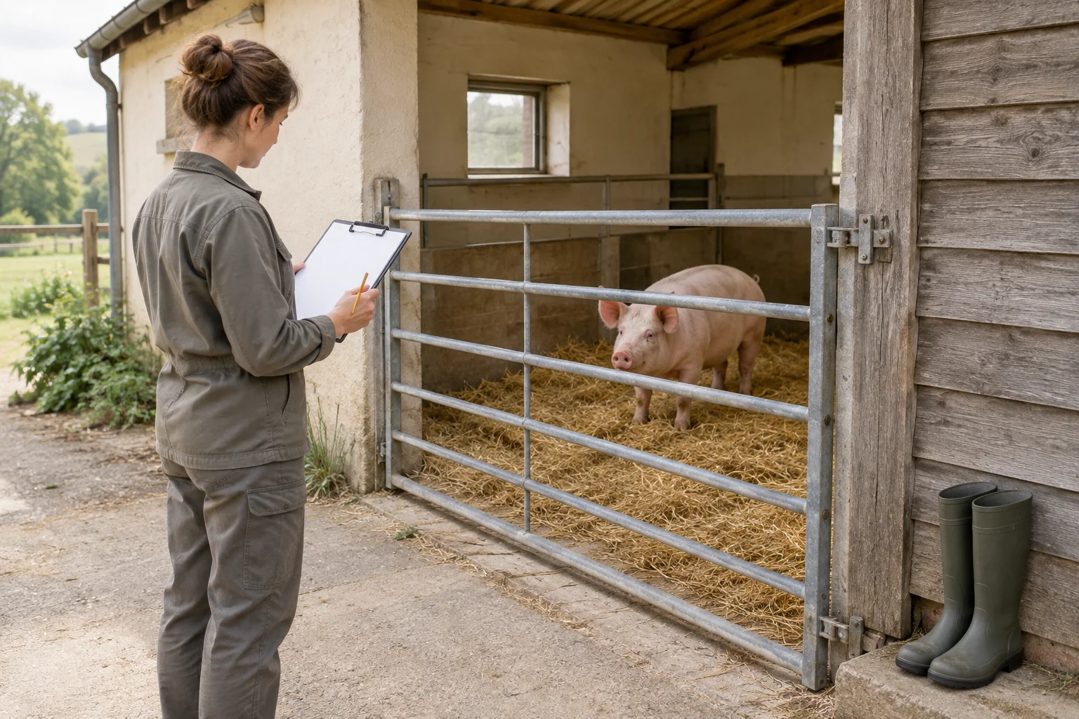 Een vrouw met een leeg klembord staat buiten een gesloten hek. Daarachter staat een varken in een stal met stro; naast het hek staan rubberlaarzen.