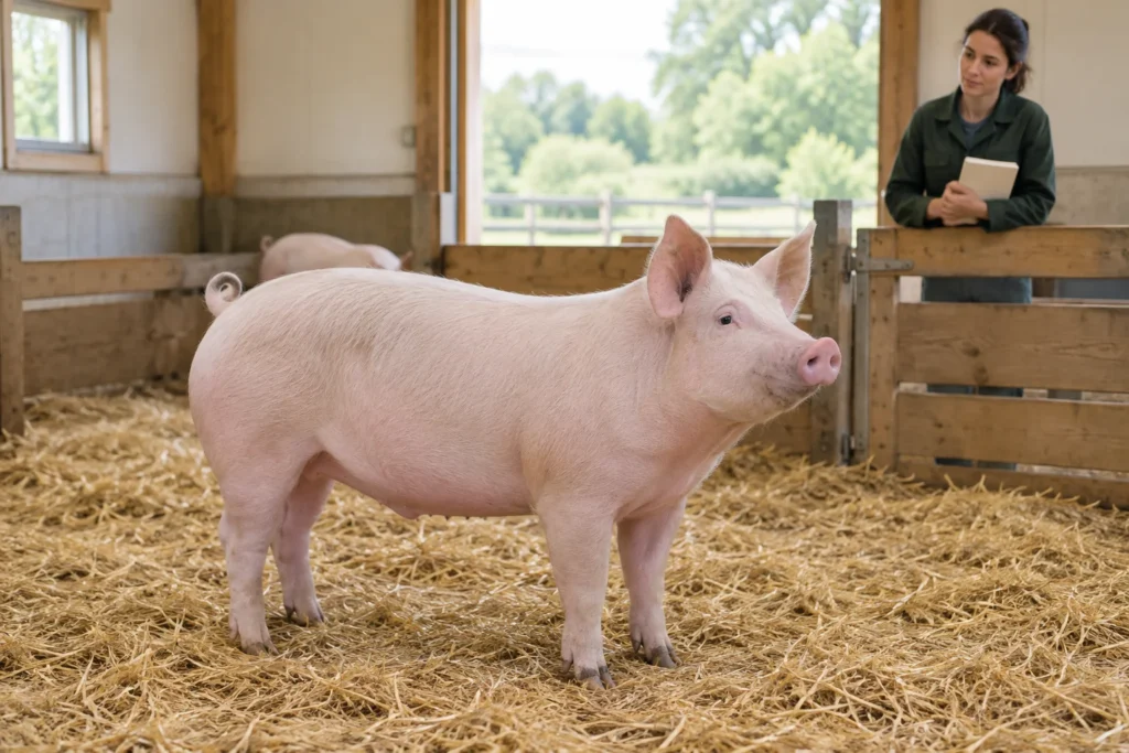 Een lichtroze varken staat op stro in een houten stal. Achter een hek kijkt een vrouw toe met een gesloten notitieboek in haar handen.