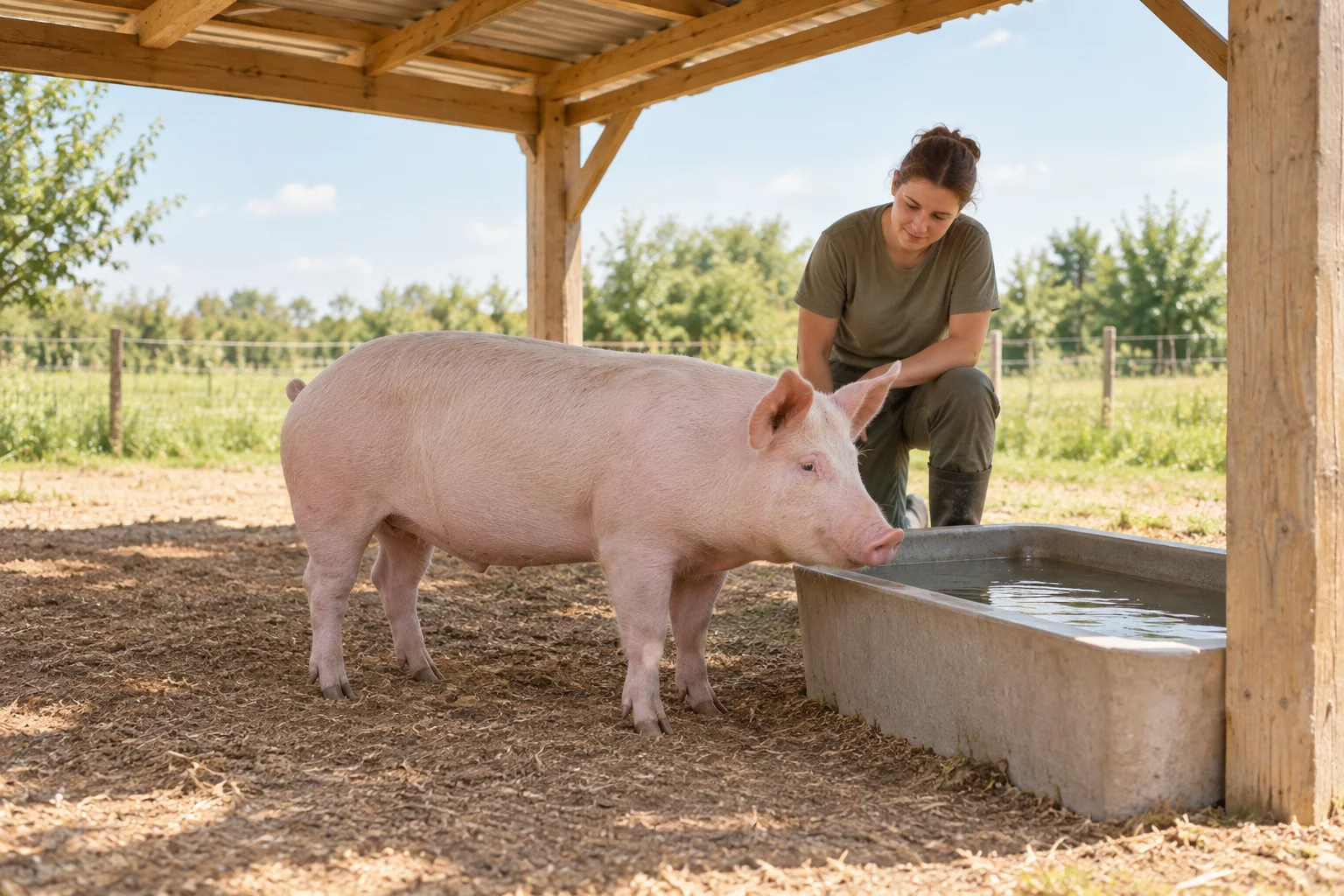 Een lichtroze varken staat onder een open houten afdak bij een waterbak, terwijl een verzorger toekijkt.